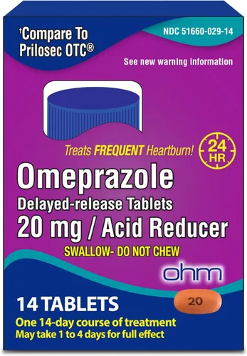 Ohm Omeprazol 20 mg, 14 tabletas de liberación retardada (suministro de 2 semanas) Reductor de ácido para la acidez frecuente, alivio de 24 horas,