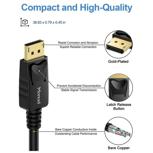 Vista 3 de Moread Cable DisplayPort a DisplayPort 4K, 3 pies, puerto de pantalla de alta velocidad chapado en oro, cable DP 1.2 (4K @60Hz, 2K @144Hz)