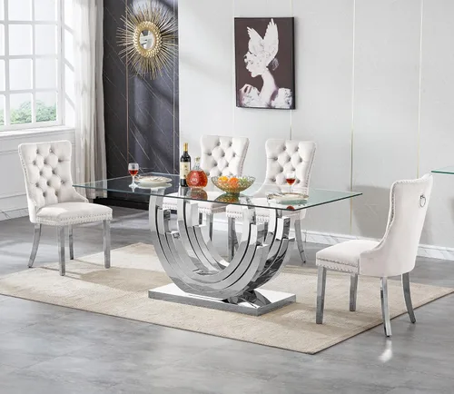 Vista 45 de Mesa de comedor de vidrio de 70 pulgadas para 4-8 personas, parte superior de vidrio templado y base de acero inoxidable en U dorada, escritorio