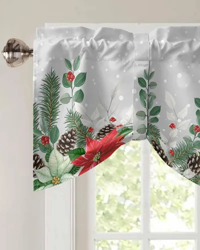 Vista 3 de Cenefa de cortina de Navidad con lazo para ventanas, sala de estar, cocina, baño, granja, invierno, eucalipto, floral, copo de nieve, cortina corta