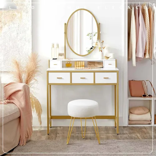 Vista 2 de LUE BONA Taburete de tocador, taburetes de tocador blancos para sala de maquillaje, taburete otomano redondo, reposapiés de terciopelo para tocador