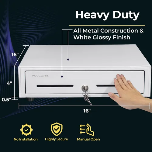 Vista 2 de Volcora Cajón manual para caja registradora de 16" para sistema de punto de venta (POS), cajón blanco resistente parcialmente extraíble con 5