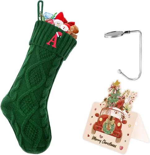 Calcetines de Navidad con inicial A, 20 pulgadas, con iniciales bordadas para la familia, calcetín navideño tejido personalizado con monograma