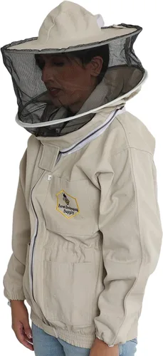 Vista 2 de Chaqueta con capucha de velo redonda, chaquetas profesionales de apicultor prémium, Natural Cotton Canvas