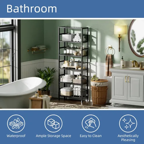 Vista 4 de HITNET Estantería de bambú, estantería abierta de 6 niveles con estantes ajustables, estante de almacenamiento de pie para sala de estar, baño, Negro