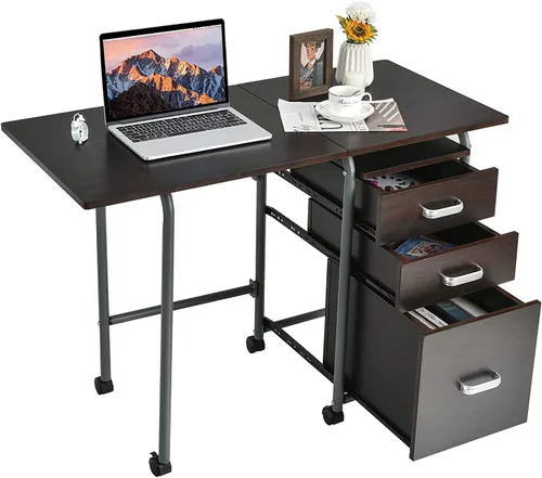 GRAFFY - Escritorio para computadora, pequeño escritorio de trabajo para laptop con mesa plegable y 3 cajones de almacenamiento, escritorio plegable