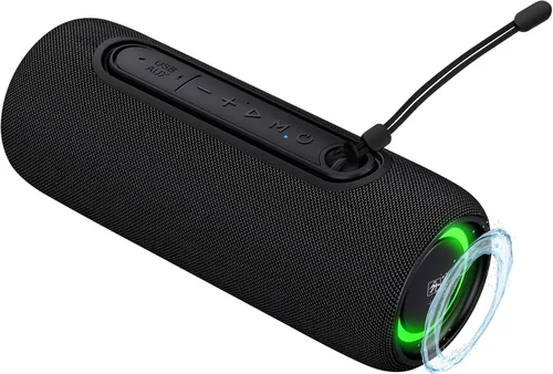 Fisher Altavoces Bluetooth portátiles IPX5 impermeable altavoz, 14 W de potencia máxima estéreo Bluetooth altavoz, luces RGB, TWS, BT 5.3, micrófono