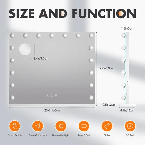 Vista 6 de Hasipu Espejo de tocador con luces, espejo Hollywood de 24 x 20 pulgadas, espejo de maquillaje con 17 bombillas regulables y aumento de 10X, 3 modos