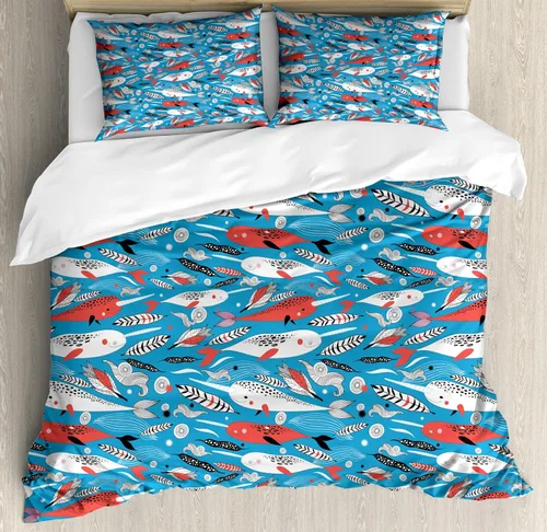 Ambesonne Narwhal - Juego de funda de edredón con temática de vida subacuática de ballena y pájaro, diseño colorido, juego de ropa de cama