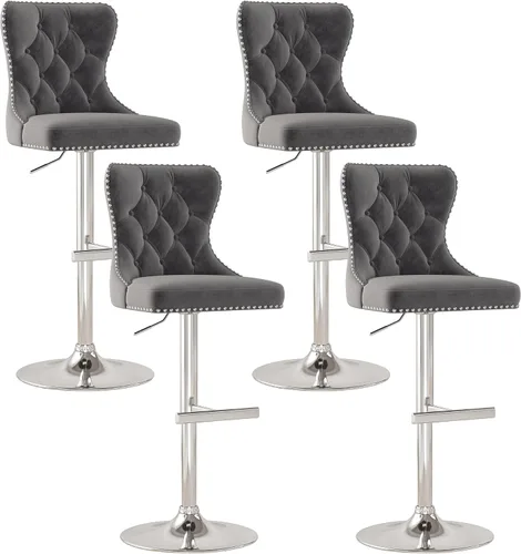 Vista 16 de Juego de 2 taburetes de bar, taburetes giratorios de terciopelo con respaldo copetudo, asiento ajustable con ribete de cabezas de clavos, sillas