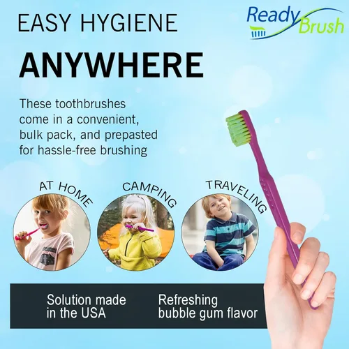 Vista 3 de READYBRUSH JR 30 Cepillos de dientes reutilizables para niños prepegados con pasta de dientes sabor a goma de mascar en las cerdas, cepillos
