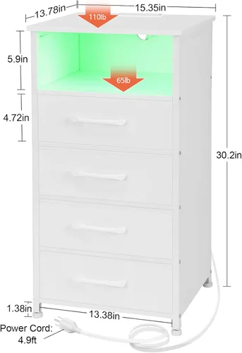 Vista 3 de LOAKEKEL Juego de 2 mesitas de noche altas con estación de carga para dormitorio con 4 cajones, mesa auxiliar LED con puertos USB y tomas, mesita