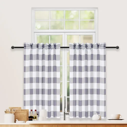 Vista 16 de Simple Deluxe Paquete de 4 cenefas opacas de cuadros búfalo para ventanas de cocina, sala de estar, casa de campo, dormitorio, cenefa de cortina