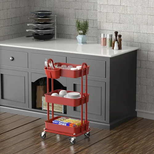Vista 4 de Simple Houseware - Carro multiusos rodante de 3 niveles con cubos colgantes, color Rojo