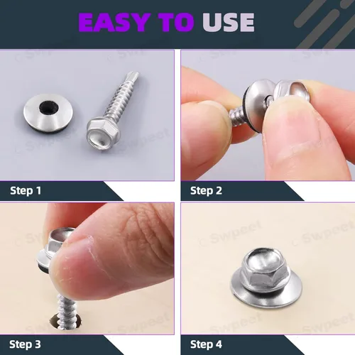 Vista 6 de Swpeet 285 tornillos autoperforantes de acero inoxidable 410 #8 con cabeza hexagonal de arandela con acero inoxidable de neopreno EPDM, kit surtido