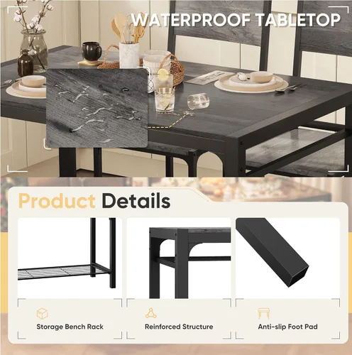 Vista 13 de Shahoo Mesa de cocina y 2 sillas para 4 personas con banco, juegos de comedor de 4 piezas para espacios pequeños, color marrón rústico