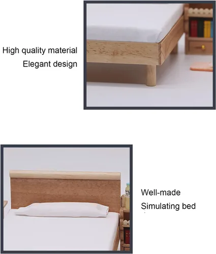 Vista 3 de 1:12 Casa de muñecas Cama doble Roble Muebles en miniatura Casa de muñecas Decoración Accesorios para niñas