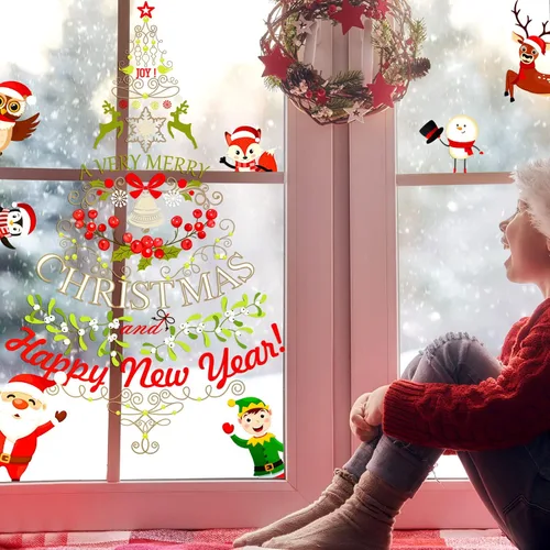 Vista 7 de Calcomanías de pared para árbol de Navidad, calcomanías de pared de vinilo de Navidad, copos de nieve, renos, extraíbles para ventana, citas
