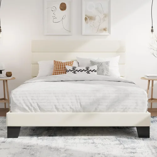 Vista 14 de SHA CERLIN Base de cama de plataforma completa con cabecera de tela tapizada, base de colchón con fuerte soporte de listones de madera, no necesita