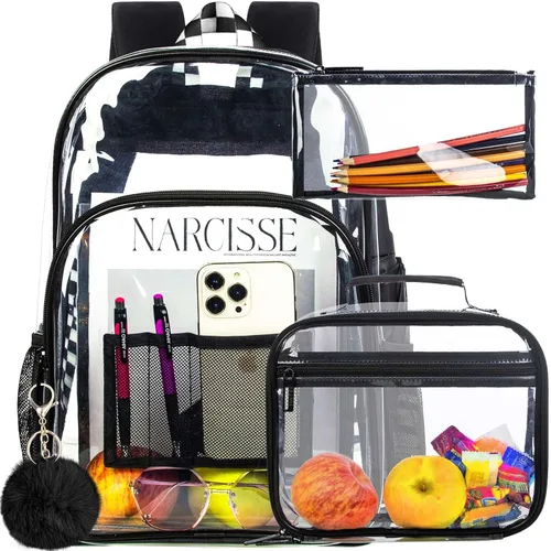 UFNDC Mochila transparente de 3 piezas, bolsa escolar resistente para niñas y niños, bolsa transparente de PVC transparente para mujeres y hombres