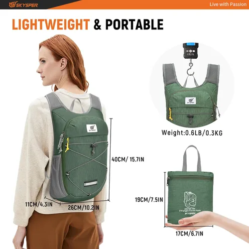 Vista 5 de SKYSPER Mochila de senderismo plegable - Mochilas de viaje transpirables pequeñas y ligeras de 10L/15L