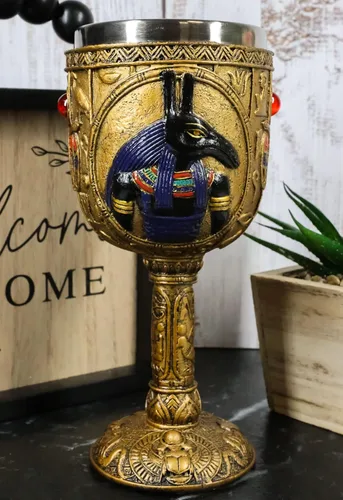 Vista 10 de Ebros - Copa de vino egipcia antigua en diseño jeroglífico dorado con cara de dioses de Egipto, 6 onzas, 7 pulgadas de alto (Anubis)
