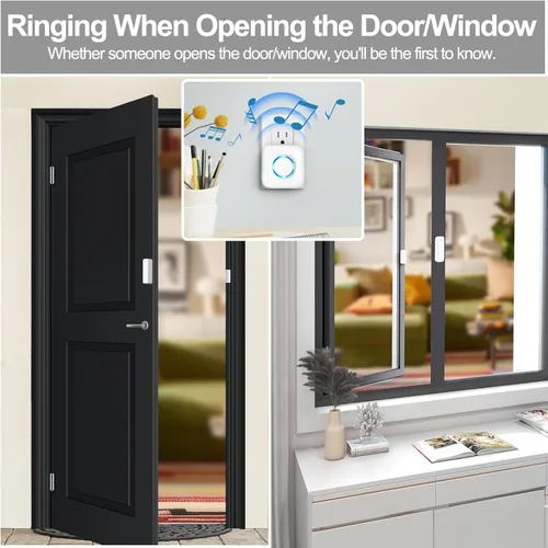 Vista 3 de Timbre de Puerta, Satisure Sensor de Contacto Inalámbrico de Puerta Abierta Alarma Timbre con Rango de 600 Pies 58 Timbres 5 Niveles de Volumen