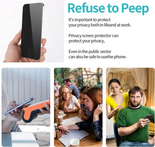 Vista 8 de PEHAEL - Paquete de 2 + 2 protectores de pantalla de privacidad para iPhone, protector de lente de cámara, cobertura completa, vidrio templado