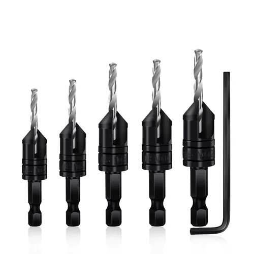 Juego de brocas avellanadas de 5 piezas, brocas de agujero avellanado para carpintería 3 en 1, broca avellanadora cónica, brocas piloto M2