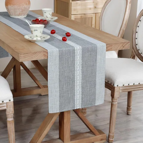 Camino de mesa trenzado de estilo granja con rayas, rústico bordado para decoración de mesa de café, camino de mesa de color gris para bodas y