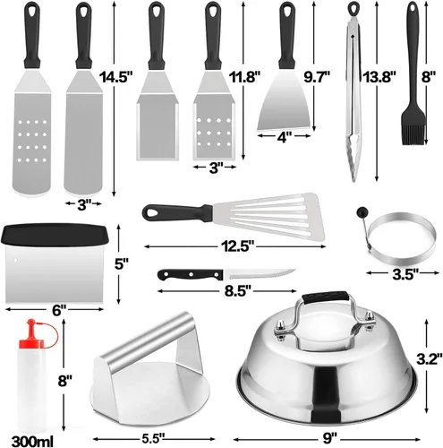 Vista 2 de HaSteeL - Juego de 20 accesorios para parrilla, juego de espátulas de metal resistente, herramientas Teppanyaki de acero inoxidable para parte