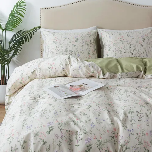 Vista 20 de HoneiLife Juego de funda de edredón floral 100% algodón, 3 piezas, suave, ropa de cama botánica con cierre de cremallera y lazos en las esquinas