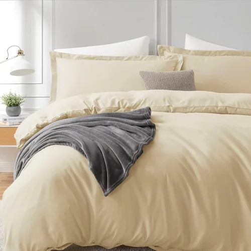 Vista 9 de Hearth & Harbor - Juego de funda de edredón tamaño king color beige crema, 3 piezas, fundas de edredón de felpa doble cepillada con cierre de botón
