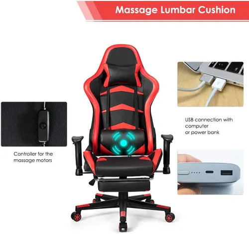 Vista 17 de GOFLAME Silla de juegos de estilo de carreras, silla ergonómica giratoria para computadora con reposacabezas y soporte lumbar, silla de masaje