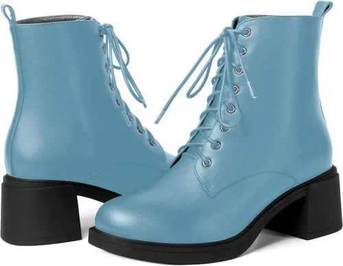Vista 138 de ROSERWISH Botas altas de tacón bajo y grueso para mujer, con cordones, cómodas, modernas, con puntera redonda, de 2.5 pulgadas