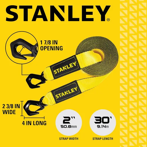 Vista 5 de STANLEY S1053 Correa de remolque resistente de 2 pulgadas x 30 pies con ganchos de acero forjado negro, carga de trabajo segura de 3,000