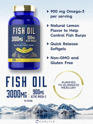 Vista 3 de Carlyle Aceite de pescado de 3000 mg 900 mg de Omega 3 200 cápsulas blandas Sabor a limón Suplemento sin OMG y sin gluten