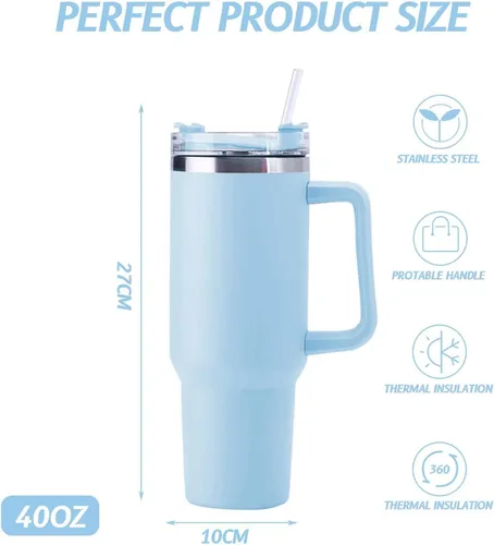 Vista 2 de xsbuxta Botella de agua aislada al vacío de 40 onzas con popote, vaso de acero inoxidable aislado al vacío con asa, para mujeres y hombres