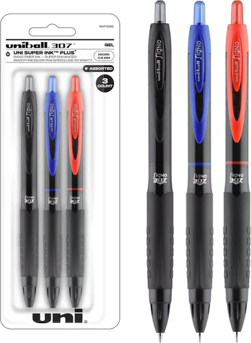 Uniball 307 - Bolígrafos de gel de micropunta de 0.020 in, paquete de 3 bolígrafos de colores surtidos, punta fina, escritura suave, bolígrafos a