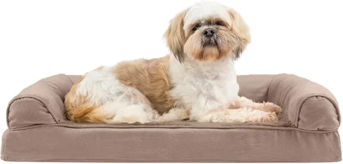 FurHaven - Cama ortopédica de espuma estilo sofá para perros con funda lavable y extraíble - Felpa/Gamuza - Almendra, para perros de hasta 35 libras