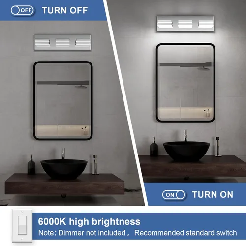 Vista 6 de Modernas luces LED pequeñas de baño (3 luces), iluminación de pared acrílica cromada de acero inoxidable, luces de tocador para baño sobre espejo