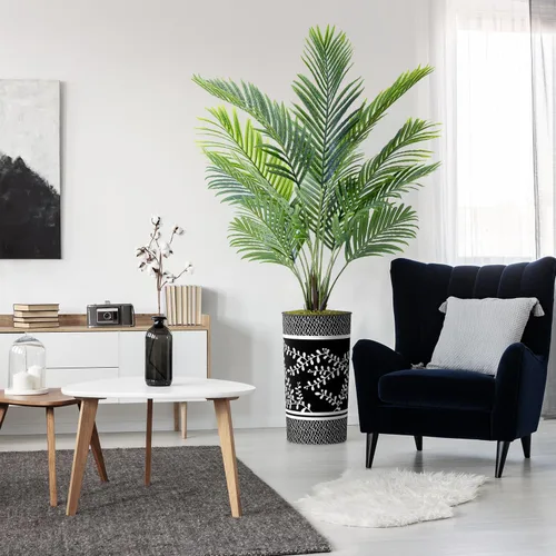 Vista 15 de Árbol artificial con diseño de hojas blancas y negras, palmera tropical areca artificial de seda para decoración del hogar en interiores y Diseño