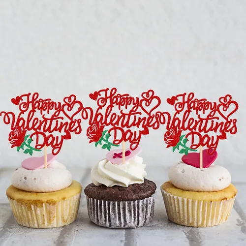 Vista 4 de 24 piezas de decoración para cupcakes para el día de San Valentín con purpurina, rosa, dulce amor, corazón, Be My Valentine para cupcakes temáticos