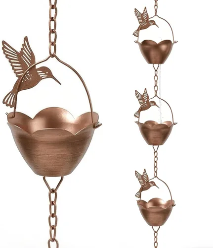 Vista 14 de TZSSP Cadena de lluvia, cadenas de lluvia de cobre, 12 tazas, cadena de lluvia de canalón de 8 pies, cadena de captura de lluvia ajustable