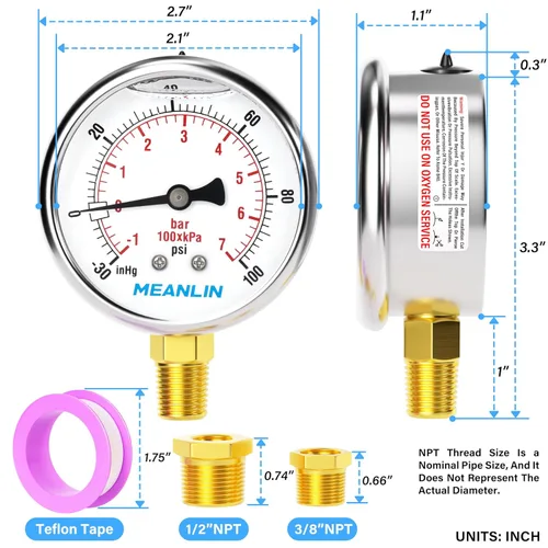Vista 166 de MEANLIN MEASURE - Vacuómetro de presión de vacío de acero inoxidable, esfera con cara de 2.5 pulgadas, NPT de 1/8 de pulgada, montaje trasero