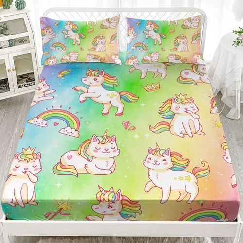 Vista 2 de Juego de sábanas bajeras y sábanas encimeras de 4 piezas con estampado de unicornio arcoíris con 1 sábana encimera y 1 sábana bajera + 2 fundas