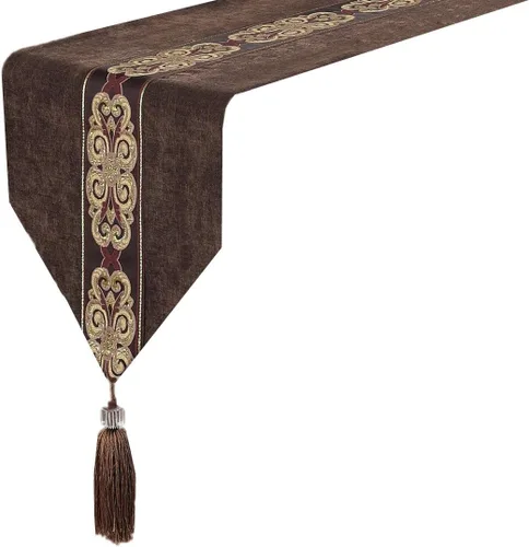 Camino de mesa clásico vintage y bufanda de tocador con borlas a rayas medias, decoración del hogar, 13 x 82 pulgadas, café