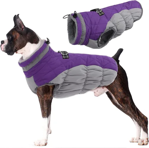 Vista 41 de Lelepet Abrigo para perro con arnés impermeable para perro, cuello alto reflectante y ajustable, chaleco de forro polar cálido para invierno, Verde