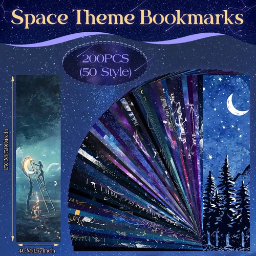 Vista 2 de 200 marcapáginas de noche estrellada de espacio fresco para niños, aula, 50 diseños, marcadores a granel de doble cara con temática espacial