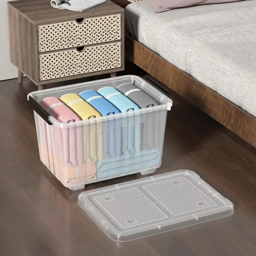 Vista 5 de Paquete de 4 contenedores con cierre de 30 litros con tapas y ruedas, cajas de almacenamiento de plástico grandes, contenedores apilables